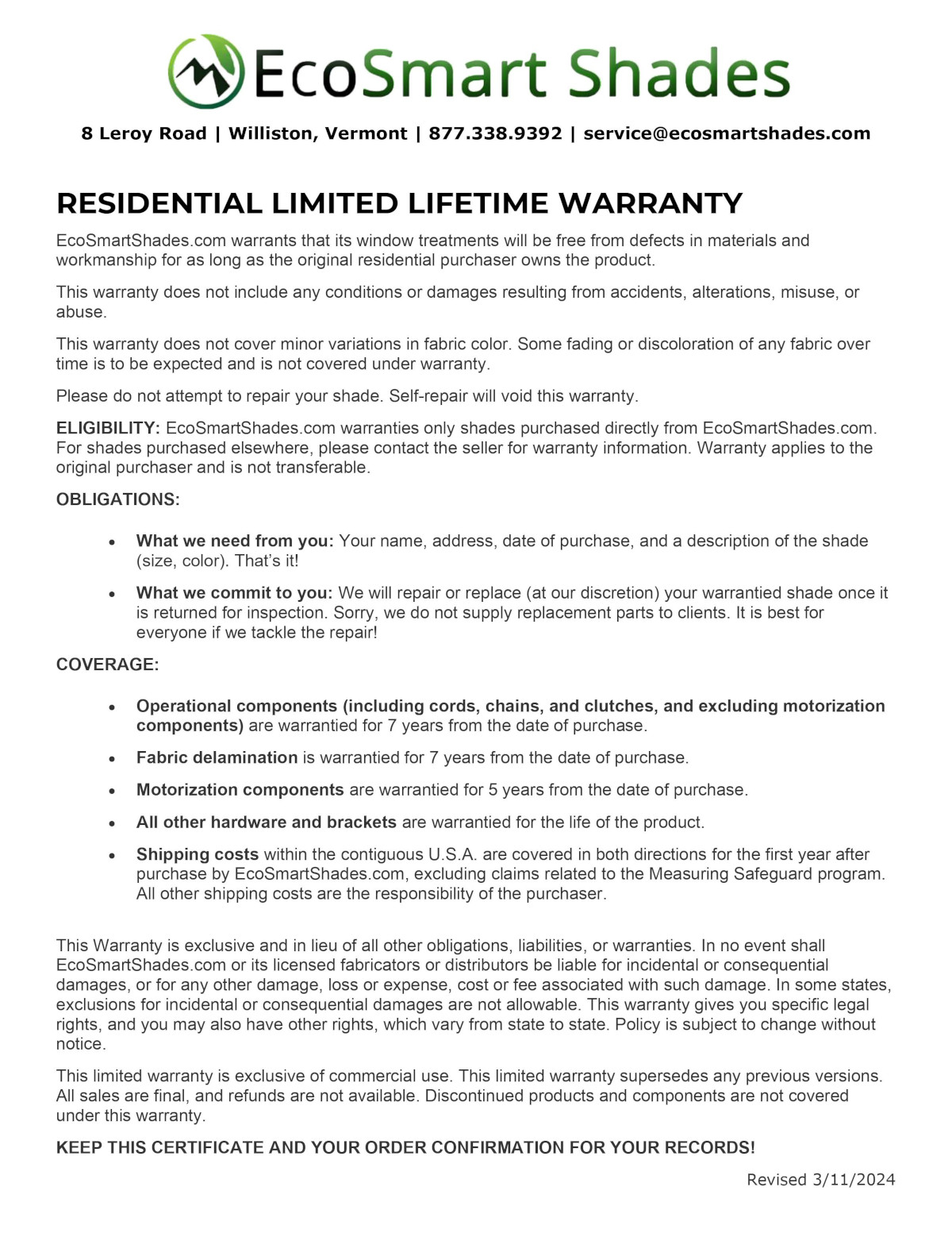 EsoSmart 2.0 Residential Shade Warranty rev. 20240311 Image