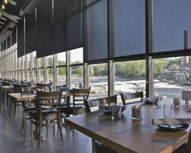 EcoSmart Commercial Roller/Solar Shades in Waterworks Restaurant Overlooking the Winooski River