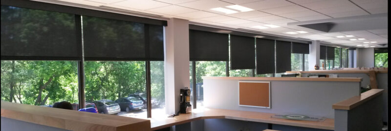 EcoSmart commercial dark roller / solar shades in an office building