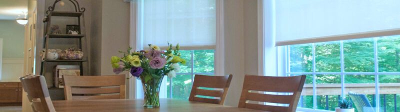 EcoSmart white transparent roller shades in dining room windows