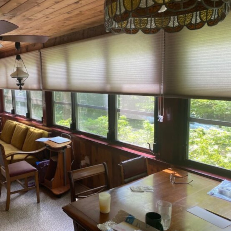 EcoSmart cellular honeycomb window shades in white fabric for commercial restaurant