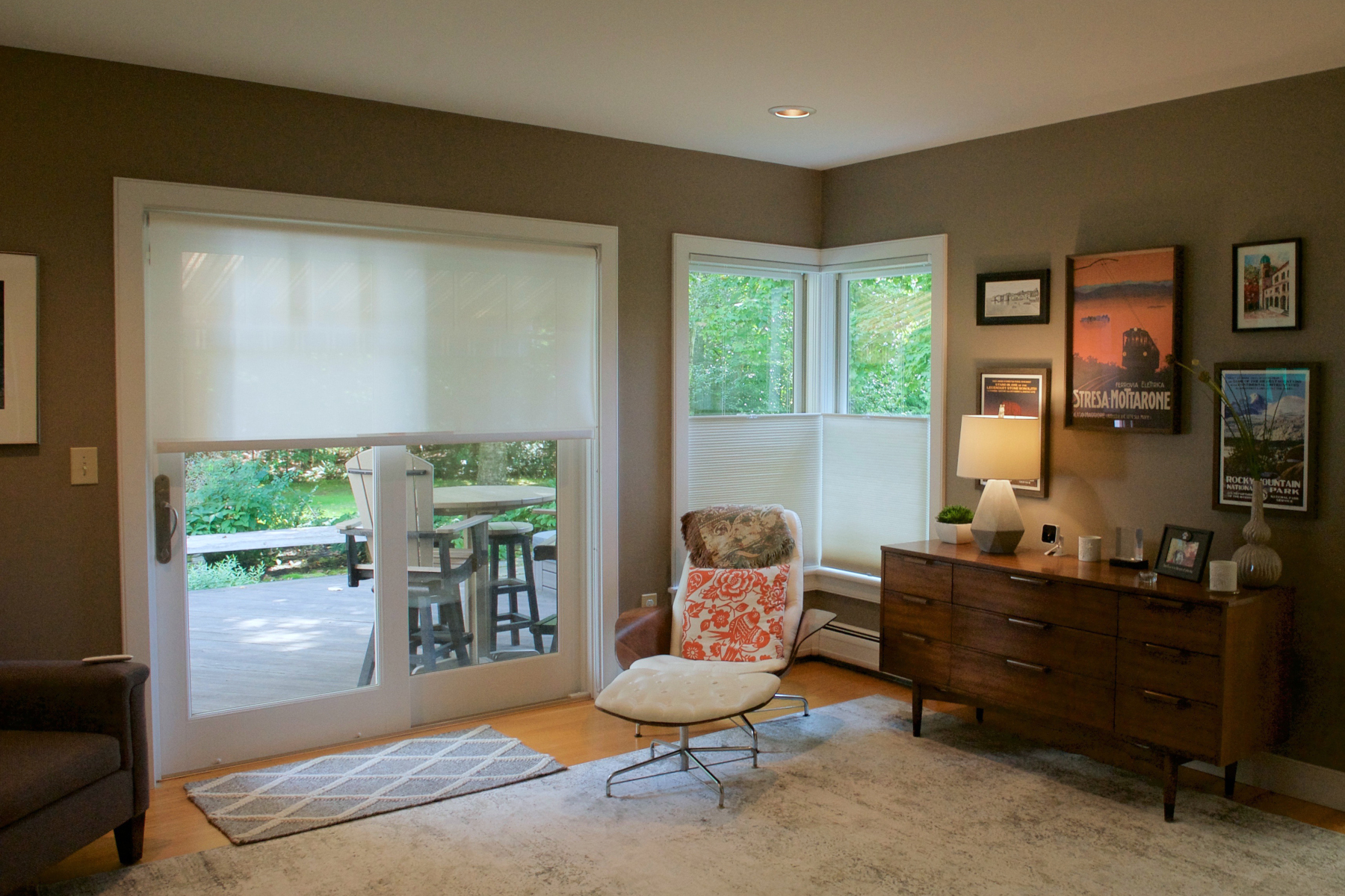 EcoSmart Top-Down/Bottom-Up Cellular window shade in white on sliding glass door looking out on patio